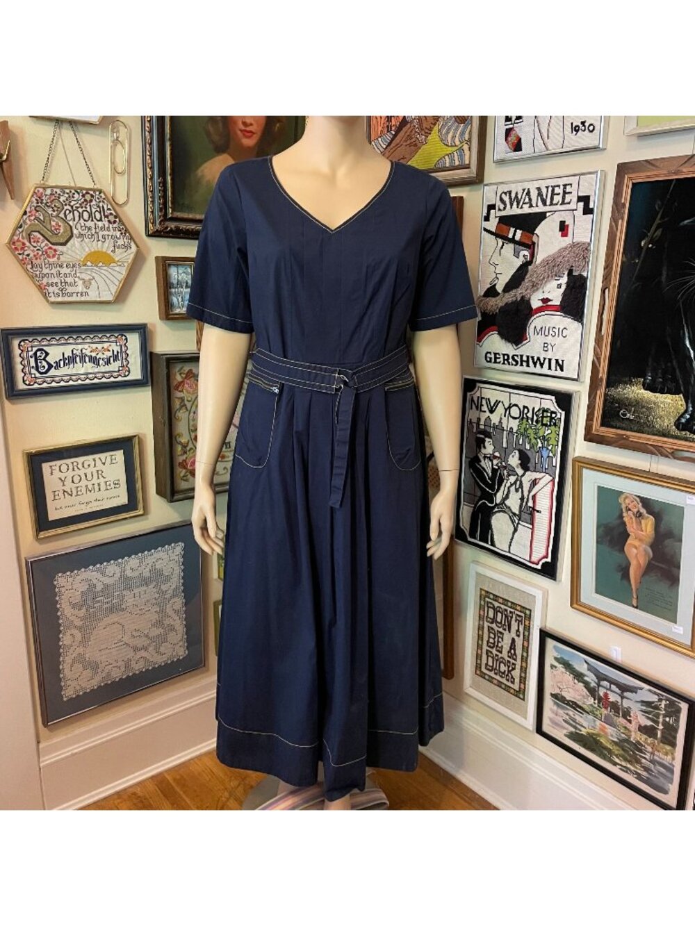Eshakti Navy Blue Cotton Blend Belted Midi Dress 2X V-Neck Short Sleeve Pockets